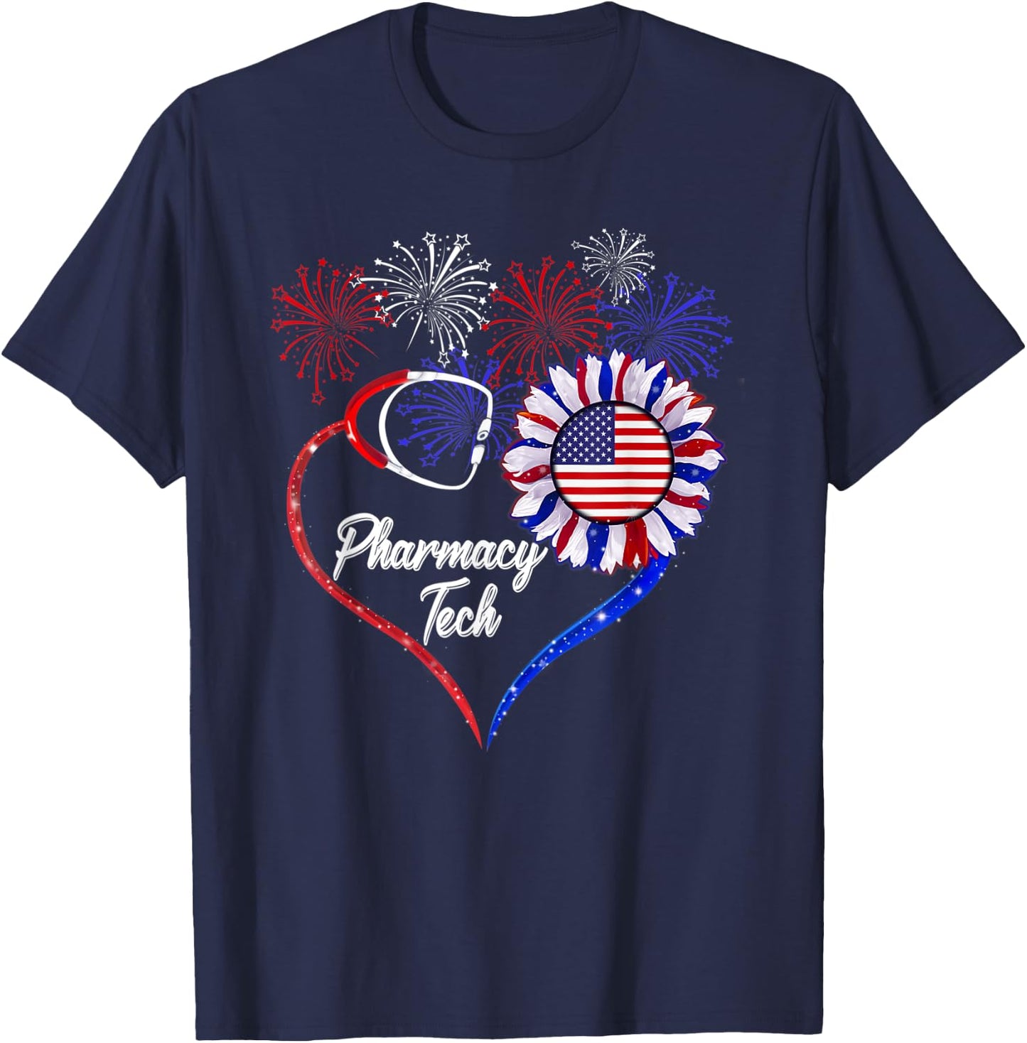 Patriotic Pharmacy Tech Sunflower 4th Of July American Flag Men T-Shirt - T-Shirt | Navy