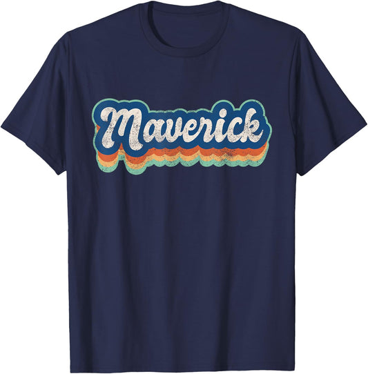 Maverick First Name Boy Vintage Style 70s 80s Personalized T-Shirt - T-Shirt | Navy