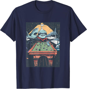 Sharks Playing Pool Billiard Funny Cartoon Animal Graphic T-Shirt - T-Shirt | Navy