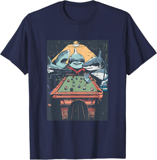 Sharks Playing Pool Billiard Funny Cartoon Animal Graphic T-Shirt - T-Shirt | Navy