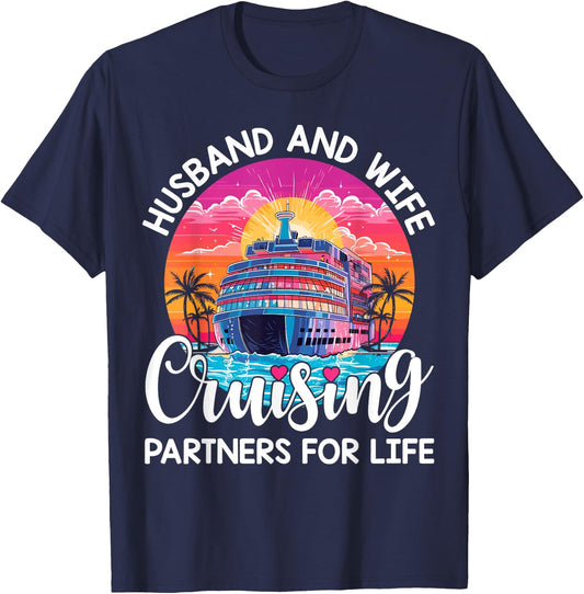 Husband Wife Cruising 2024 Cruise Vacation Couples Trip T-Shirt - T-Shirt | Navy