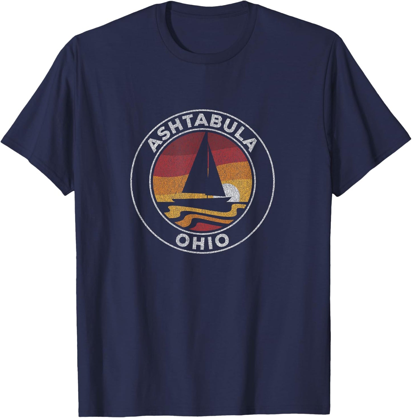 Ashtabula Ohio Vintage Sailboat 70s Retro Sunset T-Shirt - T-Shirt | Navy