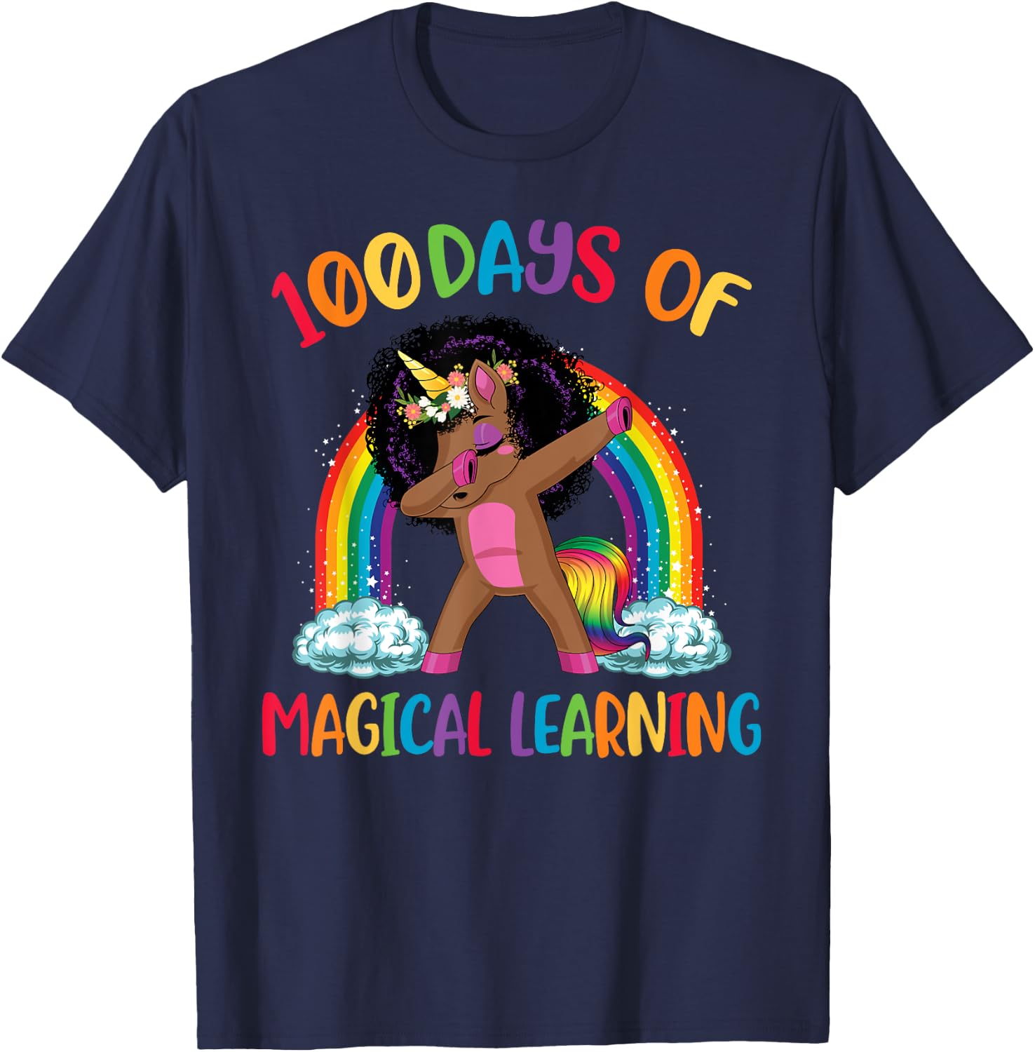 100 Days Of Magical Learning afro Black Dabbing Unicorn Girl T-Shirt - T-Shirt | Navy