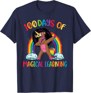 100 Days Of Magical Learning afro Black Dabbing Unicorn Girl T-Shirt - T-Shirt | Navy