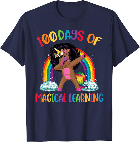 100 Days Of Magical Learning afro Black Dabbing Unicorn Girl T-Shirt - T-Shirt | Navy
