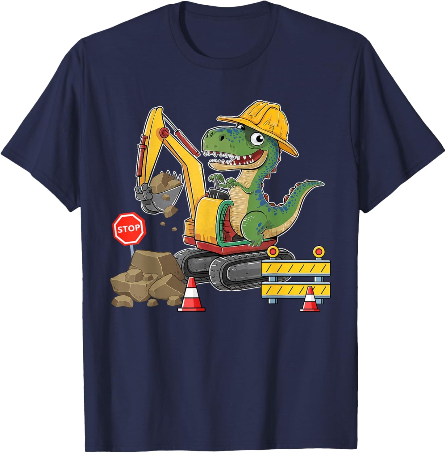 Dinosaur Construction Worker Excavator Truck Kids Boy Girl T-Shirt - T-Shirt | Navy