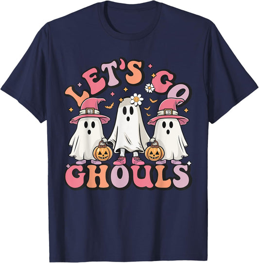 Women Let's Go Ghouls Halloween Ghost Costume Retro Groovy T-Shirt - T-Shirt | Navy