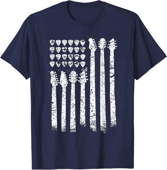 Patriotic American Flag Guitar Guitarist Gift Musician T-Shirt - T-Shirt | Navy