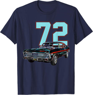 1972 72 Chevys Nova 2 Classic Car Old School Muscle Blue Car T-Shirt - T-Shirt | Navy
