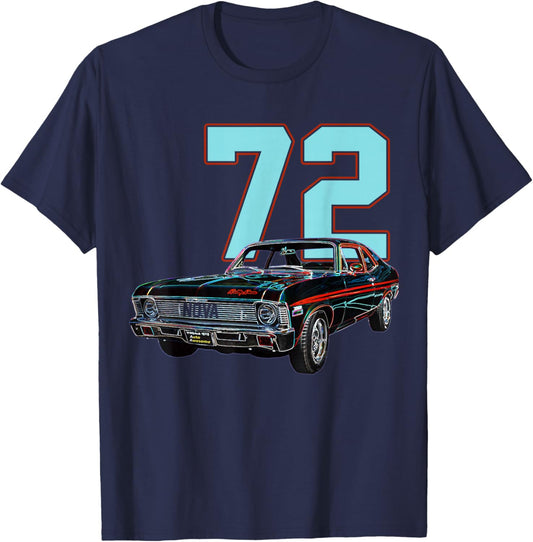 1972 72 Chevys Nova 2 Classic Car Old School Muscle Blue Car T-Shirt - T-Shirt | Navy