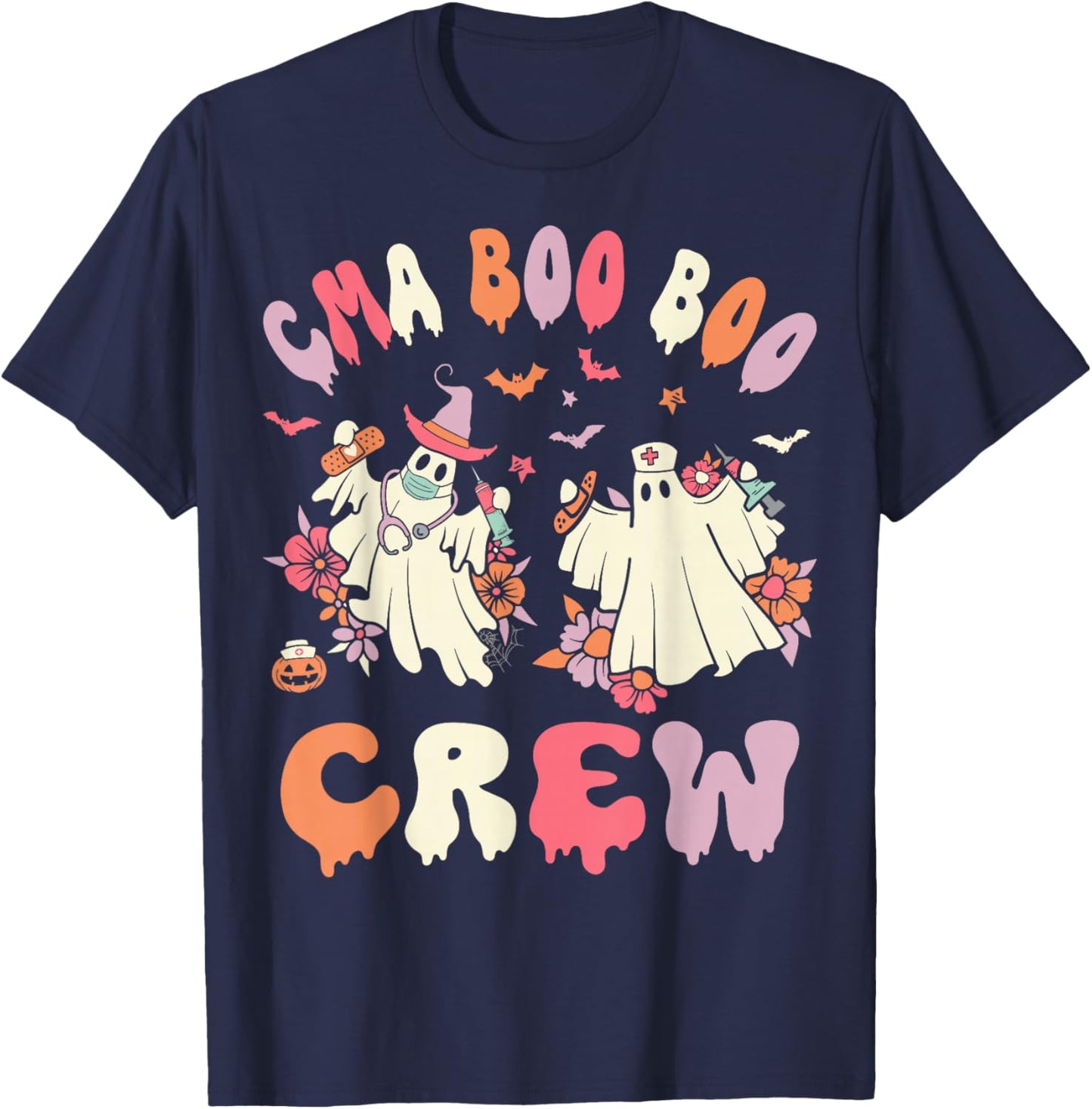 CMA Boo Crew Retro Halloween Ghost Nurse T-Shirt - T-Shirt | Navy