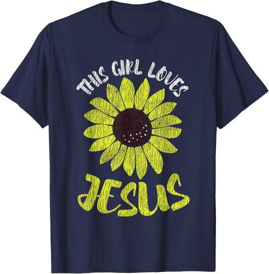 Vintage Sunflower This Girl Loves Jesus Women Christian T-Shirt - T-Shirt | Navy