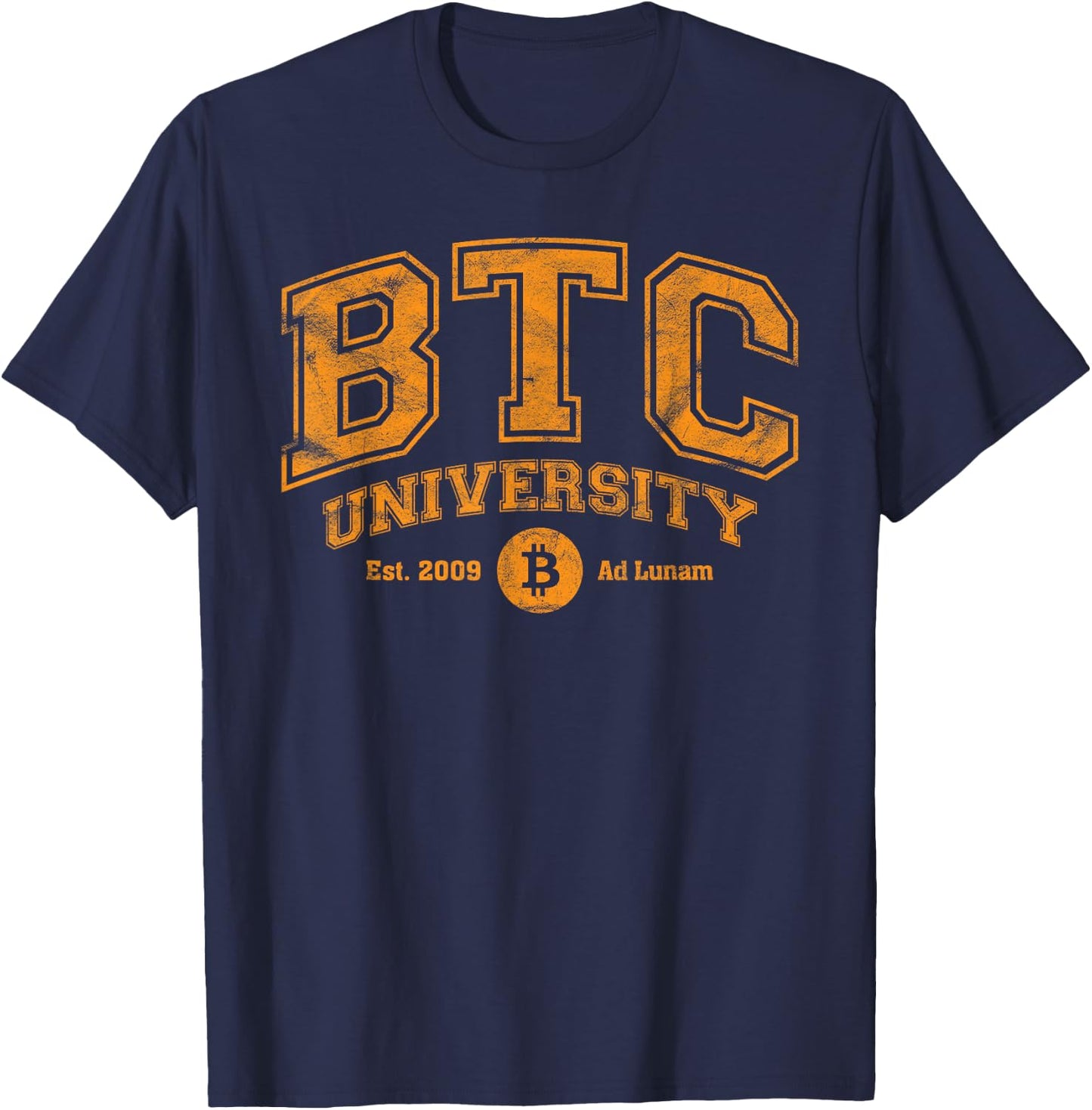 BTC University To The Moon, Funny Distressed Bitcoin College T-Shirt - T-Shirt | Navy