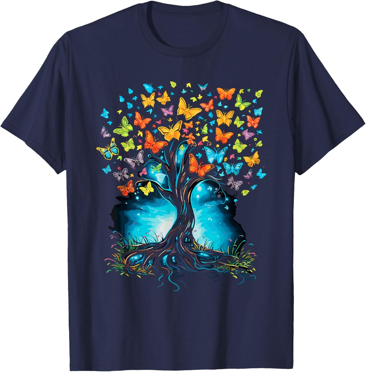 Butterfly Tree Beautiful Butterflies Garden Colorful T-Shirt - T-Shirt | Navy
