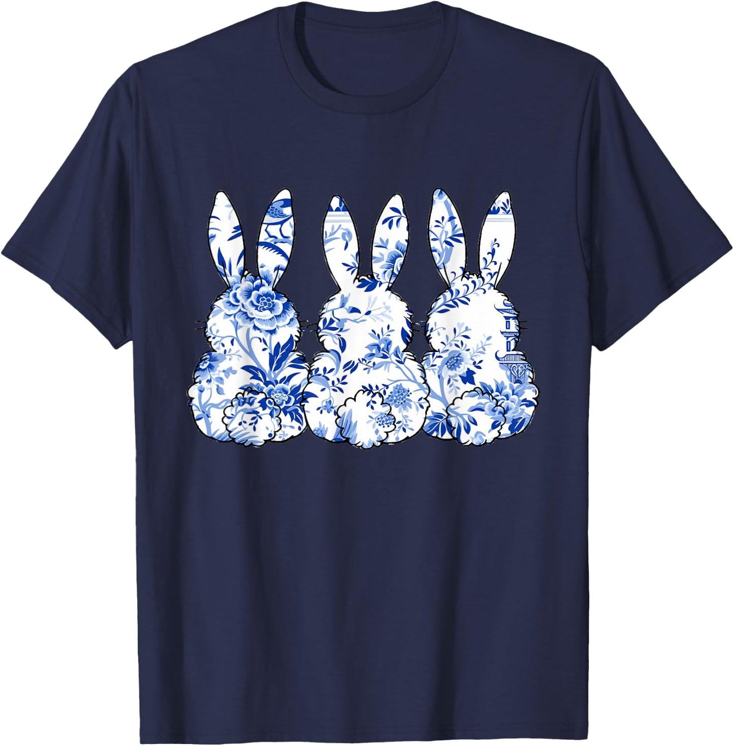 Chinoiserie Bunnies Blue and White Chinoiserie Florals women T-Shirt - T-Shirt | Navy