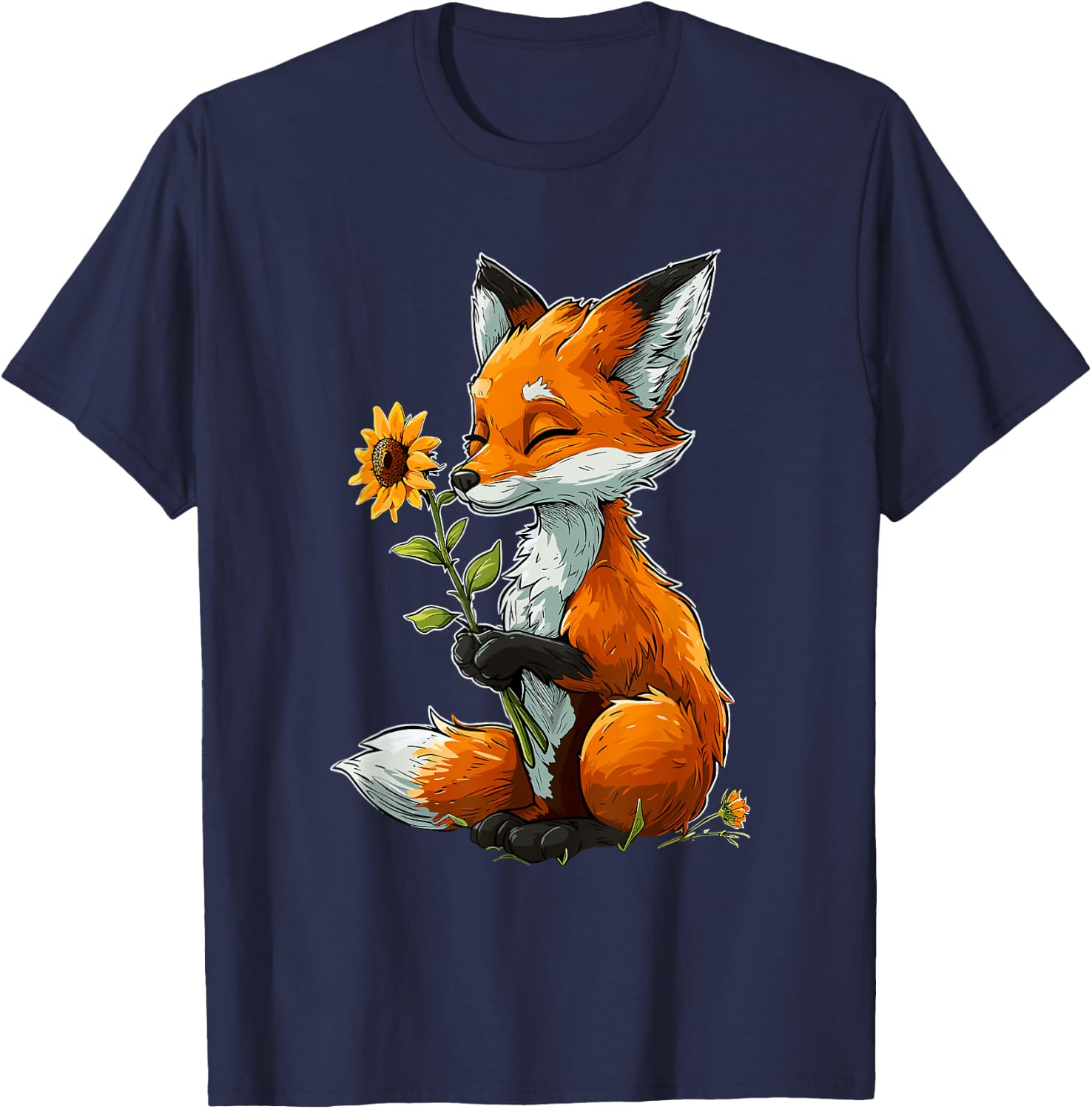 Red Fox Holding Sunflower Cute Red Fox T-Shirt - T-Shirt | Navy