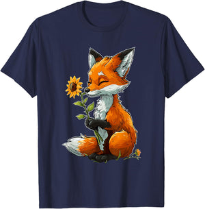 Red Fox Holding Sunflower Cute Red Fox T-Shirt - T-Shirt | Navy