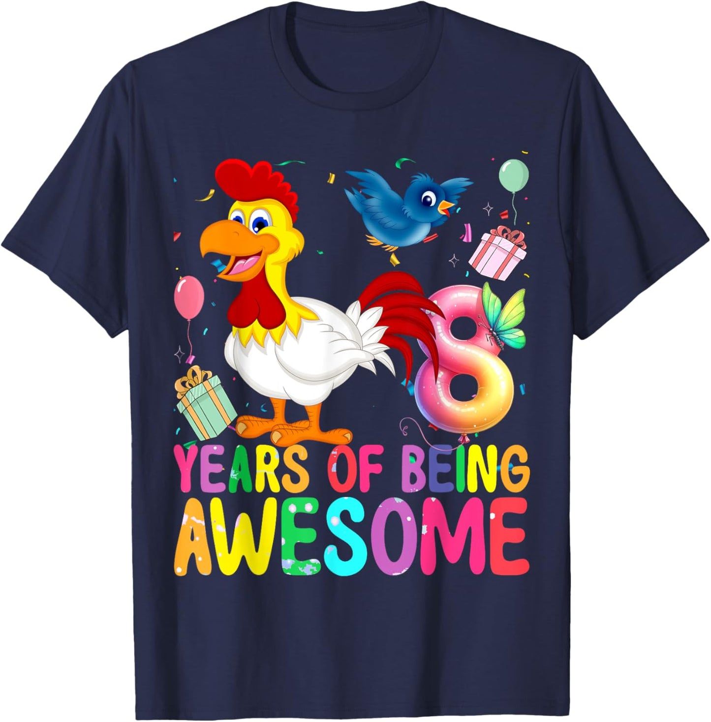 8 Years Old Chicken 8th Birthday Girl Chicken Party T-Shirt - T-Shirt | Navy