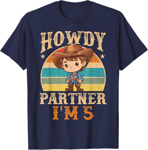 Howdy Partner I'm 5 Cowboy 5th Birthday Country Western Boy T-Shirt - T-Shirt | Navy