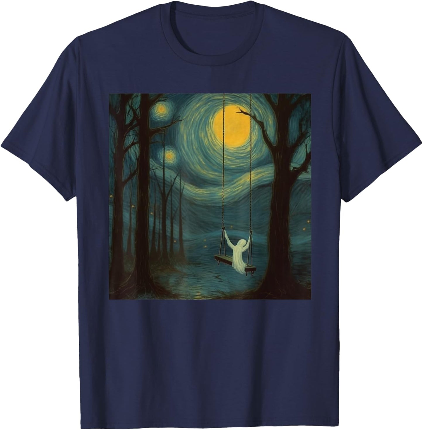 Vintage Ghost Sitting On A Swing Simple Halloween Idea T-Shirt - T-Shirt | Navy