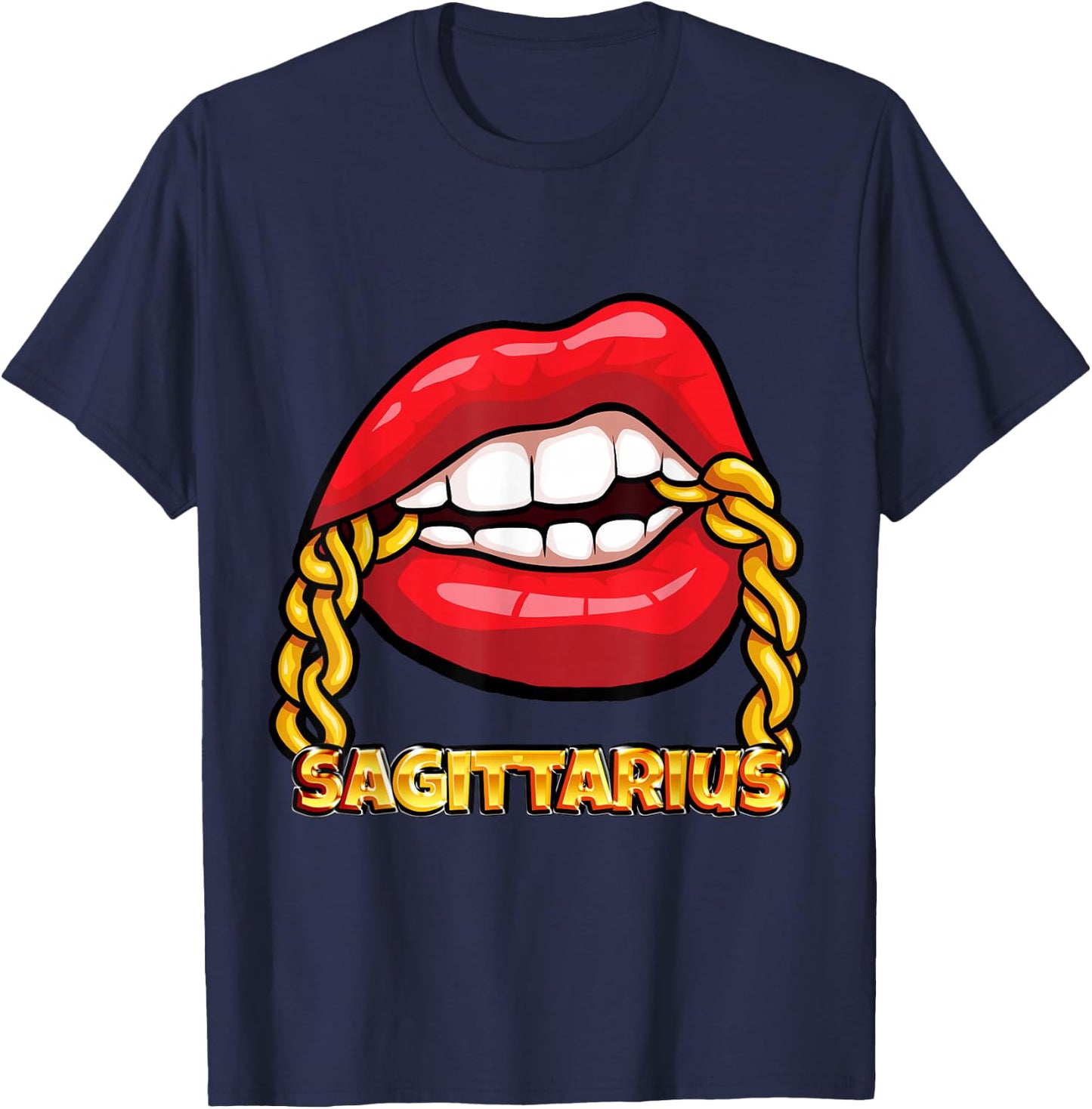Juicy Lips Gold Chain Sagittarius Zodiac Sign T-Shirt - T-Shirt | Navy