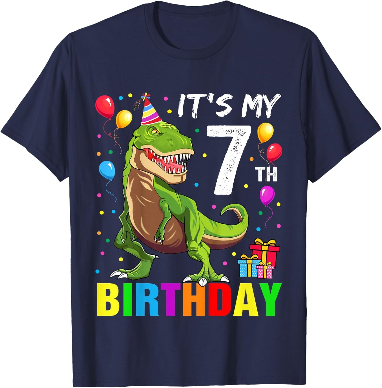 Kids It's My 7th Birthday Happy 7 Year T-Rex Boys T-Shirt - T-Shirt | Navy