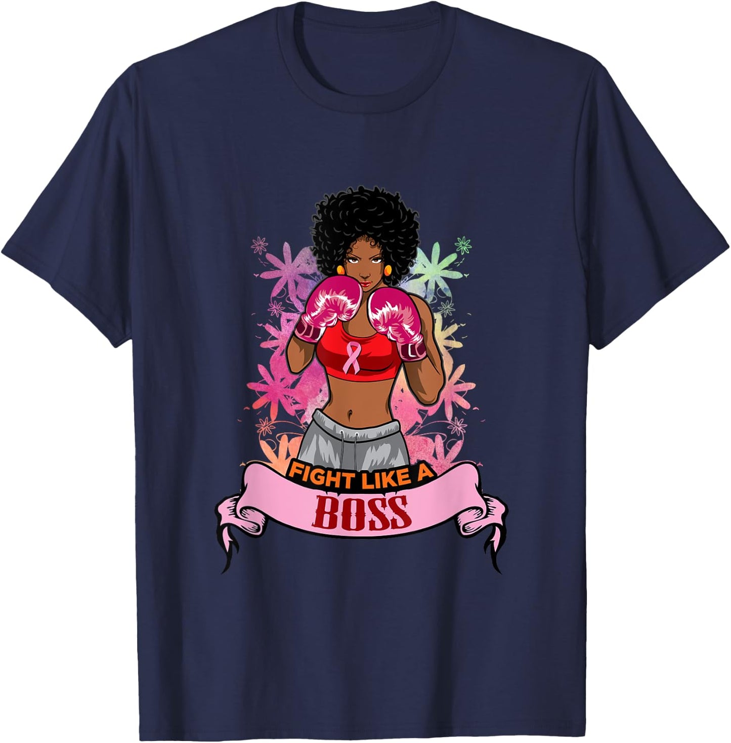 Black Girl Pink Warrior Breast Cancer Awareness Boxing T-Shirt - T-Shirt | Navy