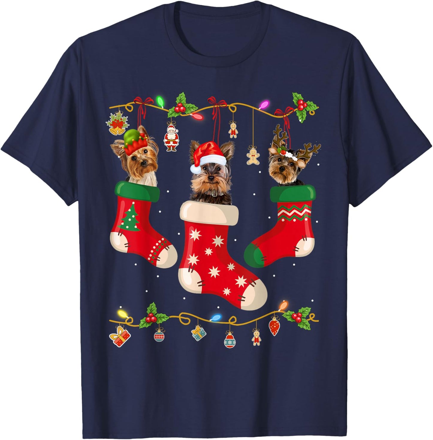 Yorkie In Socks Christmas Shirt Dog Lover Sweater Xmas T-Shirt - T-Shirt | Navy