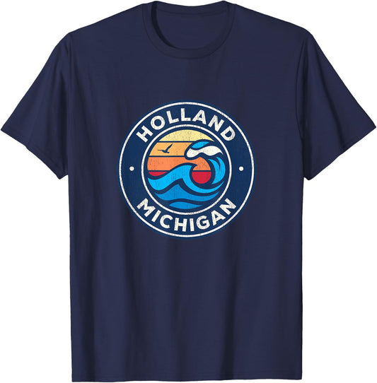 Holland Michigan MI Vintage Nautical Waves Design T-Shirt - T-Shirt | Navy