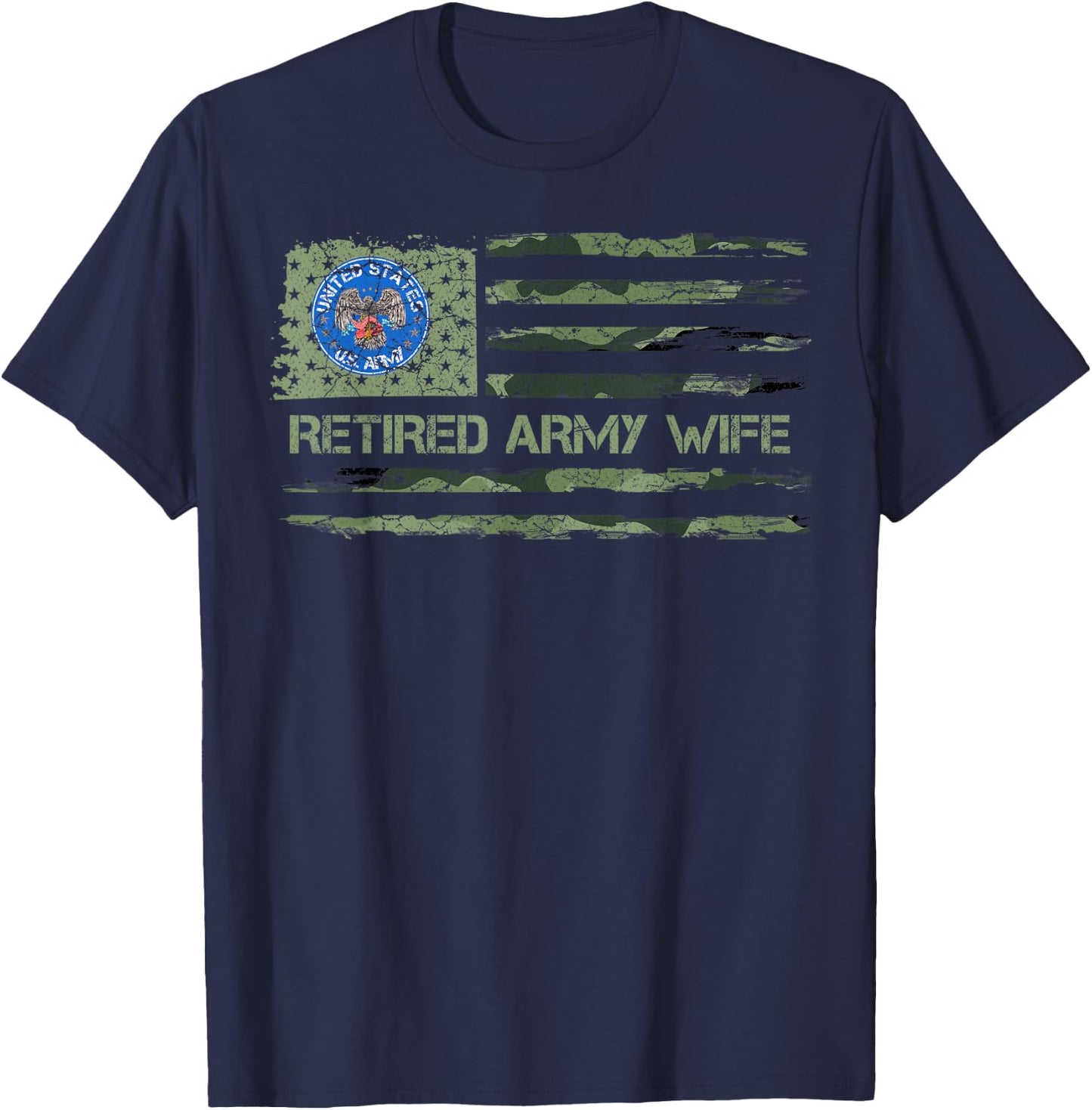 Vintage USA American Camo Flag Retired US Army Veteran Wife T-Shirt - T-Shirt | Navy