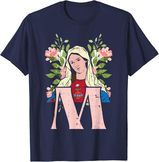 M Mary Virgin Sacred Heart Jesus Religious Catholic Gift T-Shirt - T-Shirt | Navy