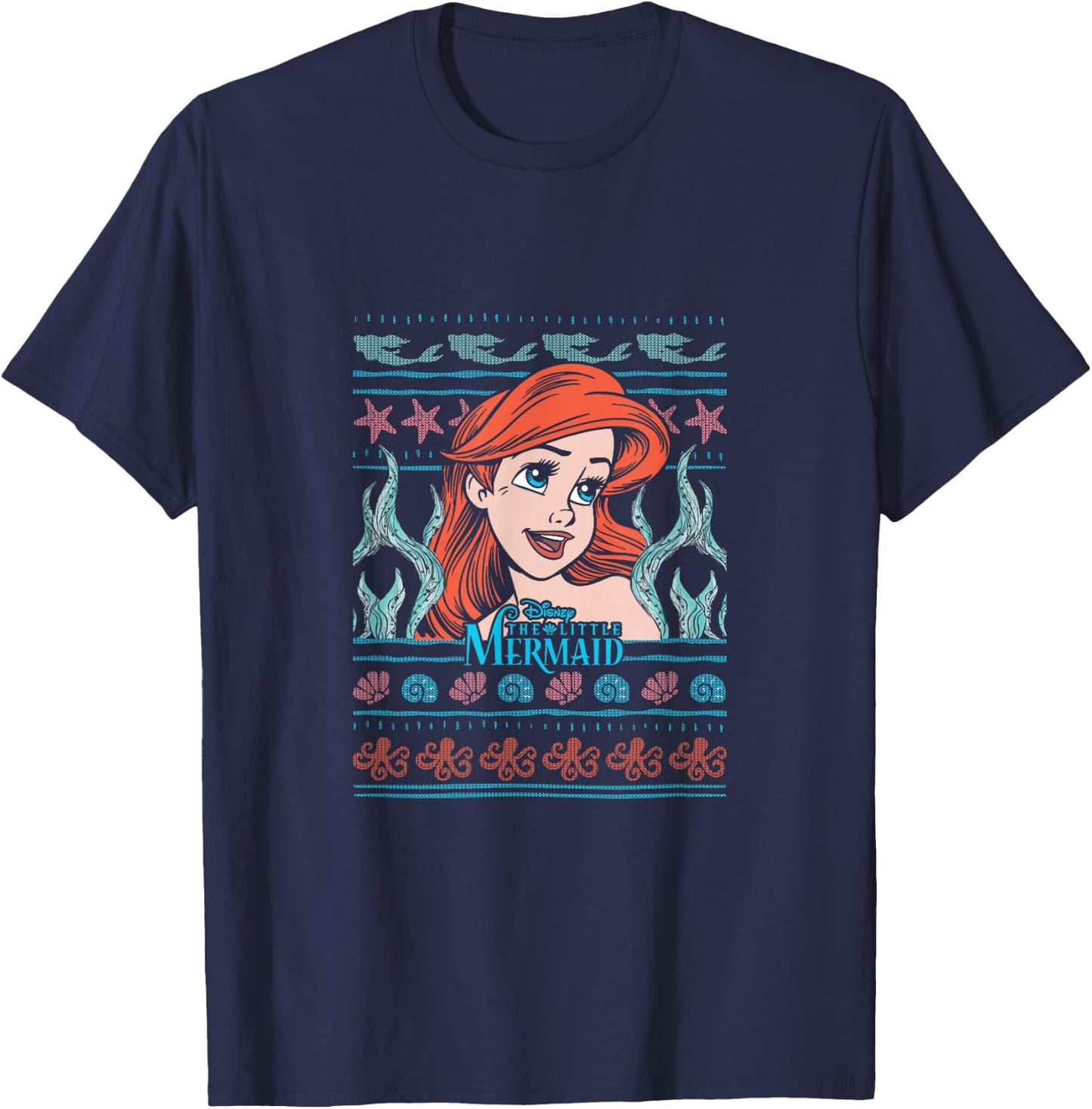 Disney Christmas The Little Mermaid Ariel Ugly Sweater T-Shirt - T-Shirt | Navy