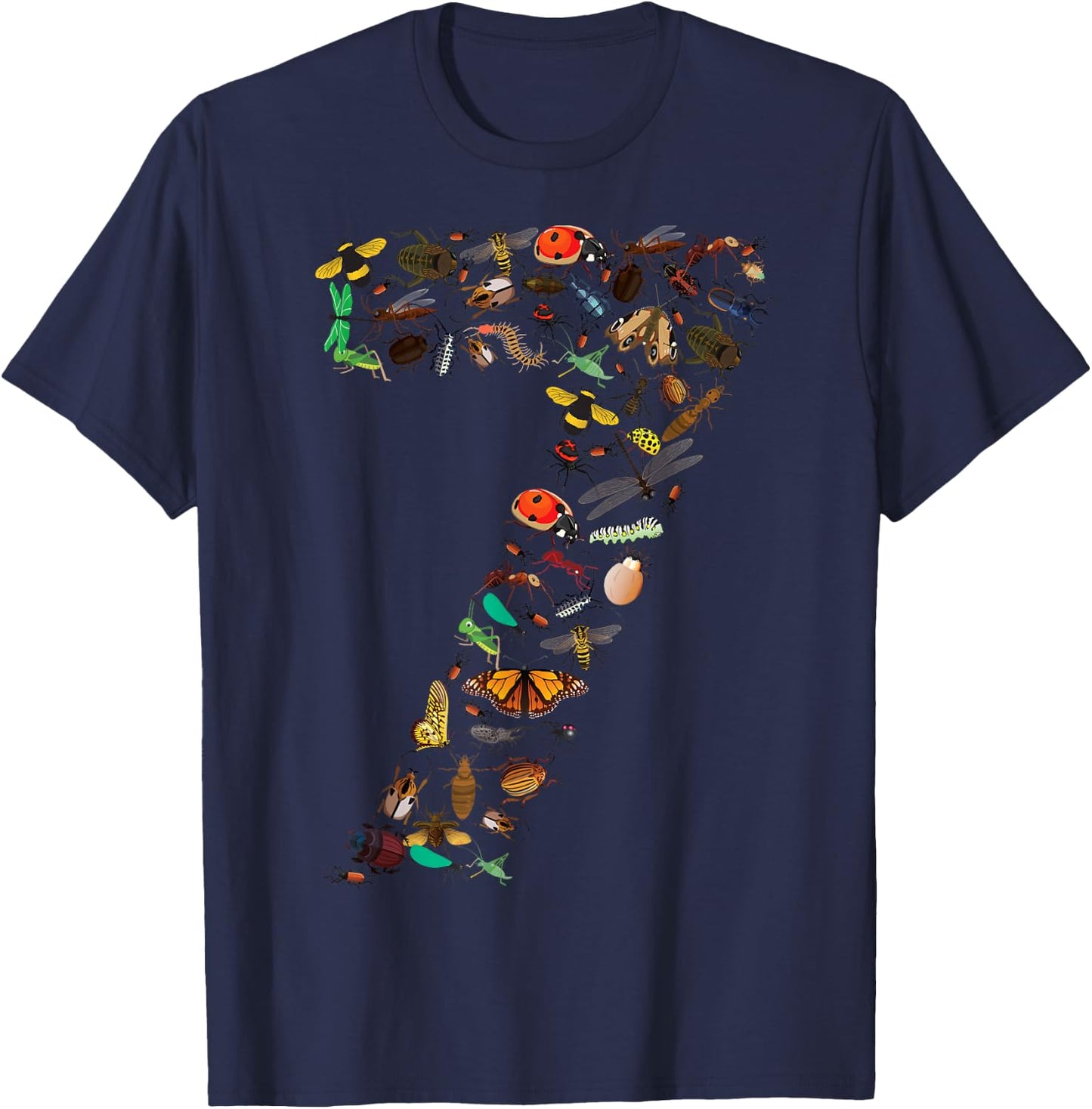 Funny Bugs 7th Birthday Gift | Cute 7 Years Old Boy Girl Kid T-Shirt - T-Shirt | Navy