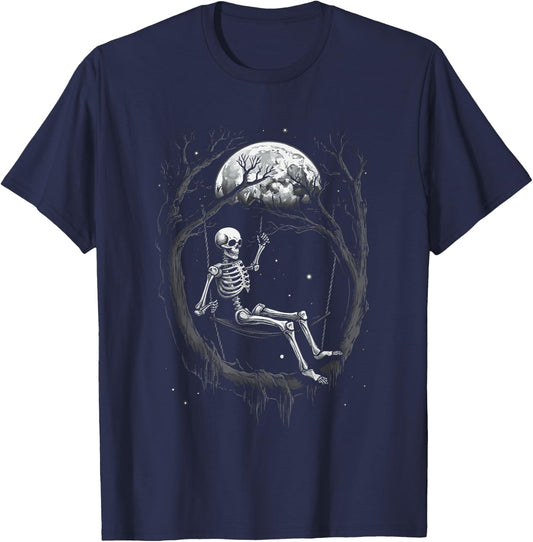 Skeleton Swinging on Moon T-Shirt - T-Shirt | Navy