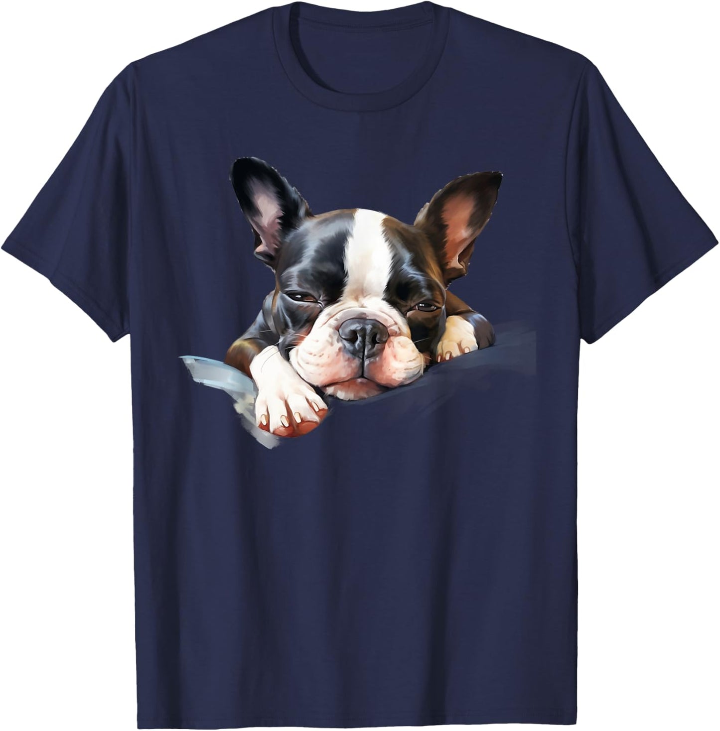 Colorful Sketch Oil Painting Of A Boston Terrier Dog Sleep T-Shirt - T-Shirt | Navy