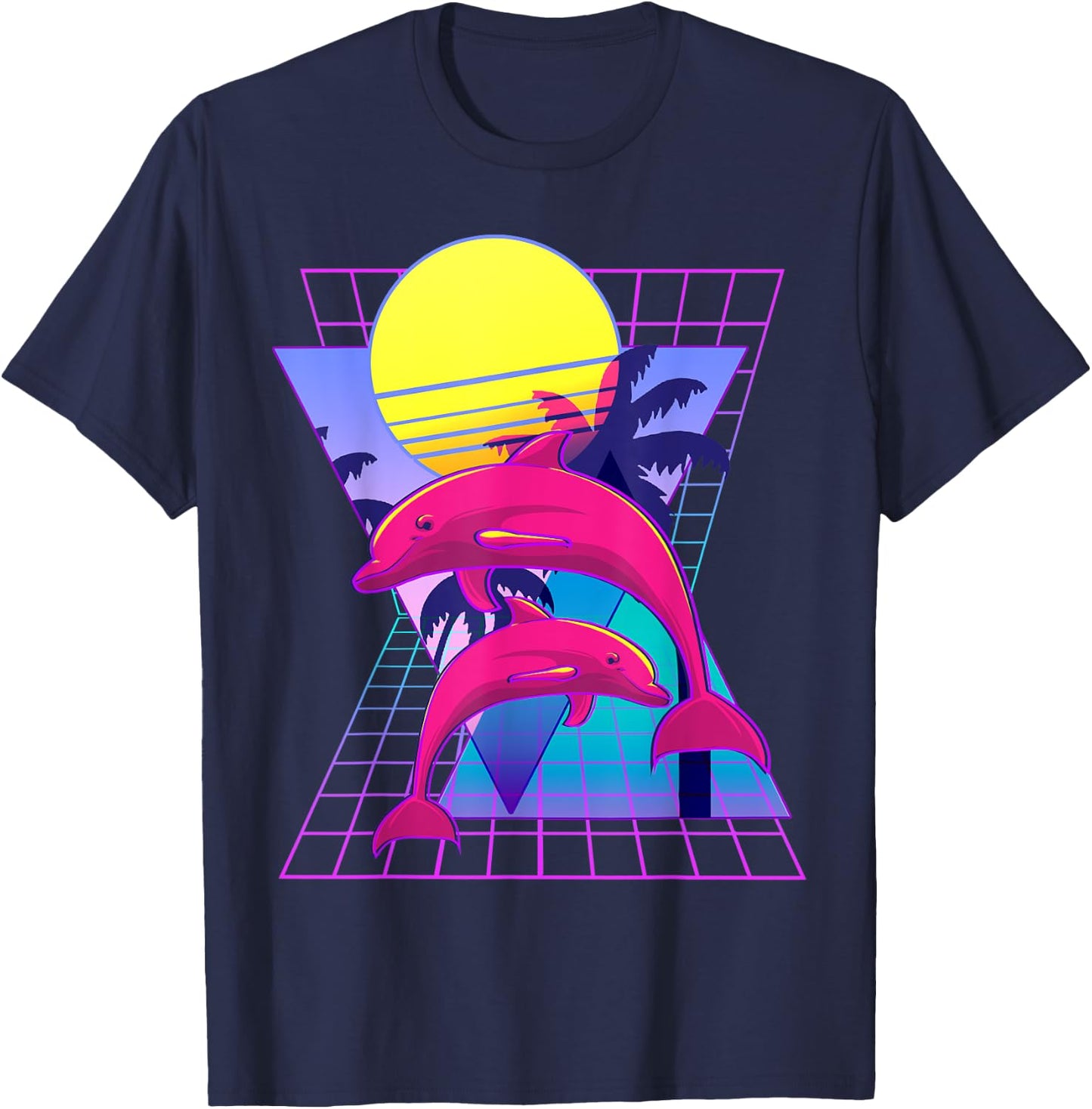 Vaporwave Dolphins Retro 80s Aesthetic T-Shirt - T-Shirt | Navy