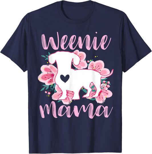 Dachshund Mama Wiener Dog Pink Flowers Cute Weenie Mom T-Shirt - T-Shirt | Navy