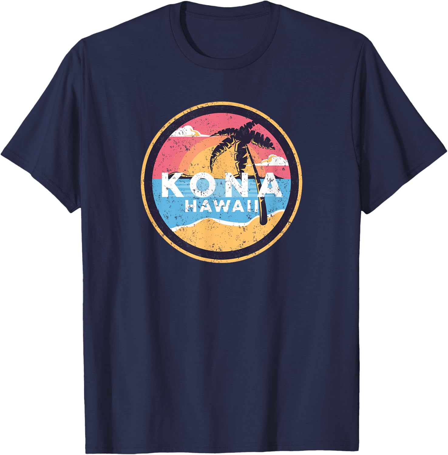 Kona Hawaii Vintage Distressed Surfer Beach Palm Tree Sunset T-Shirt - T-Shirt | Navy
