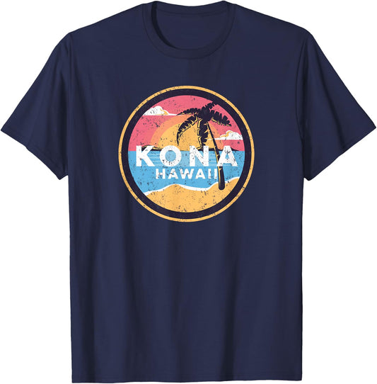 Kona Hawaii Vintage Distressed Surfer Beach Palm Tree Sunset T-Shirt - T-Shirt | Navy