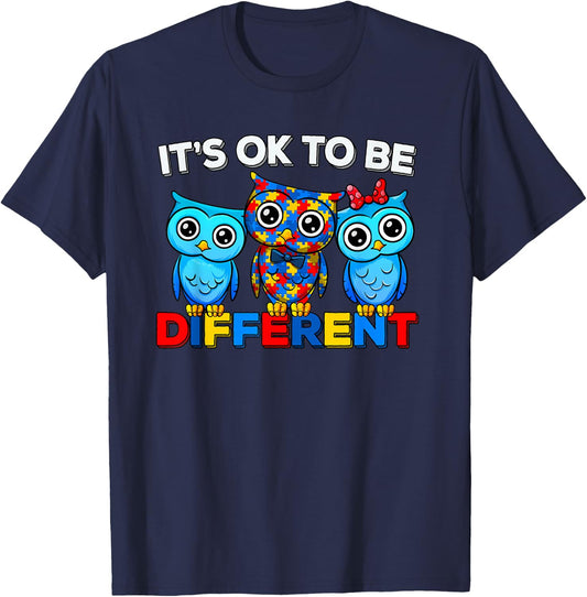 Support Autism Puzzle Autism Awareness Cute Owl Animal It's Ok To Be Different -Kids and Adults Black T-Shirt - T-Shirt | Navy