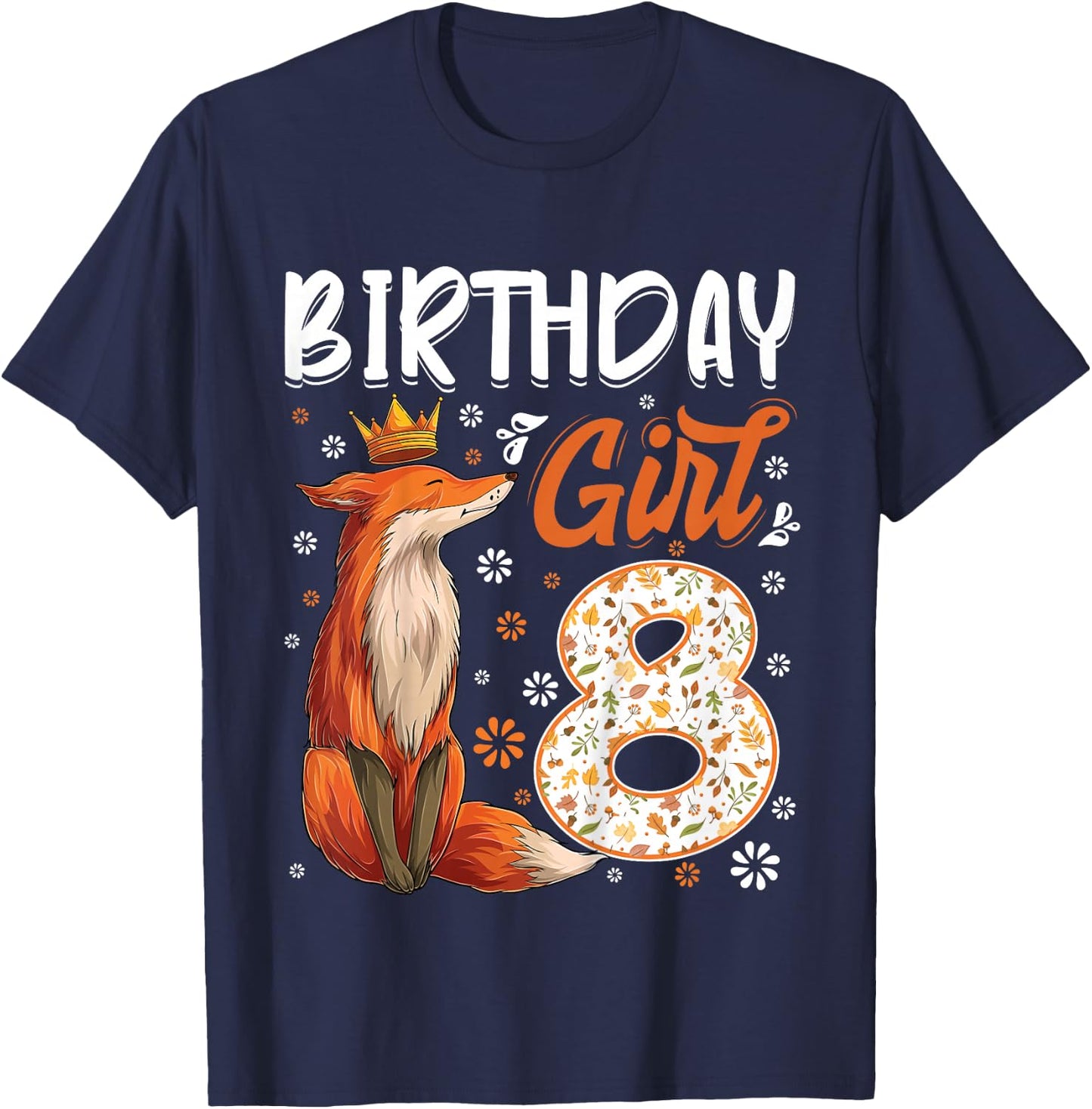 Kids Fox Animal Lovers 8th Birthday Girl Fox B-Day 8 Year Old T-Shirt - T-Shirt | Navy