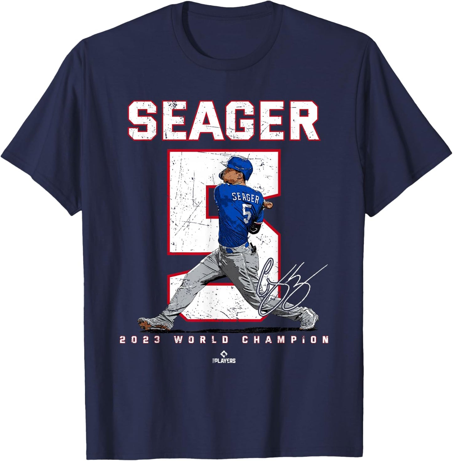Player Number 2023 World Champion Corey Seager Texas MLBPA T-Shirt - T-Shirt | Navy