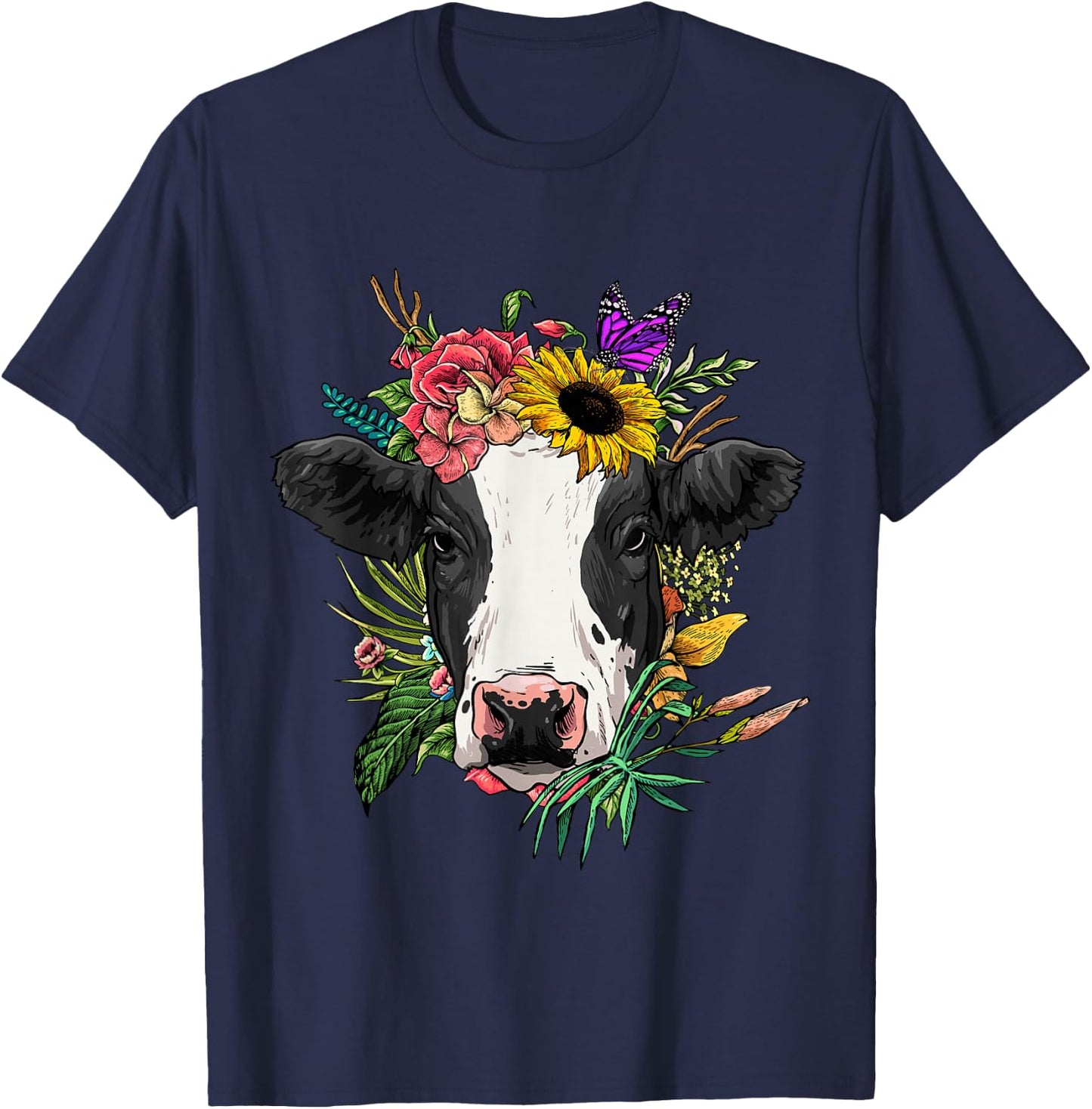 Floral Cow Head Spring Nature Lovers Farmer T-Shirt - T-Shirt | Navy