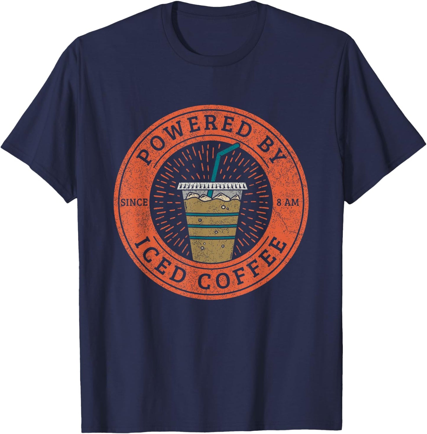 Lisa Norris Artworks Cute Powered by Iced Coffee - Black, -Adults, Small, Short Sleeve, Modern Casual, Fun, Ice Coffee T-Shirt - T-Shirt | Navy