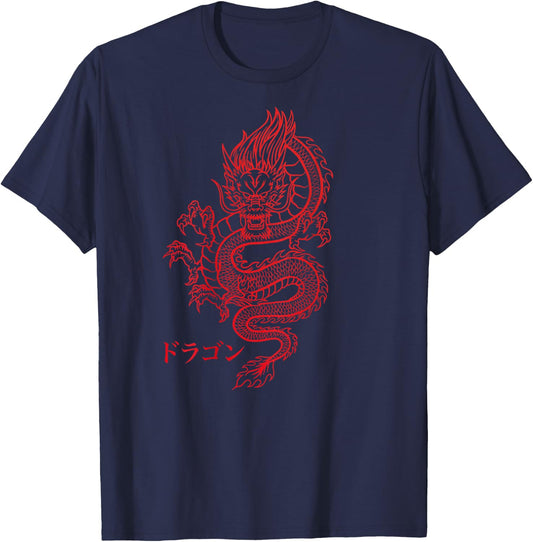 Dragon with Japanese characters on the back Kanji Aesthetic T-Shirt - T-Shirt | Navy