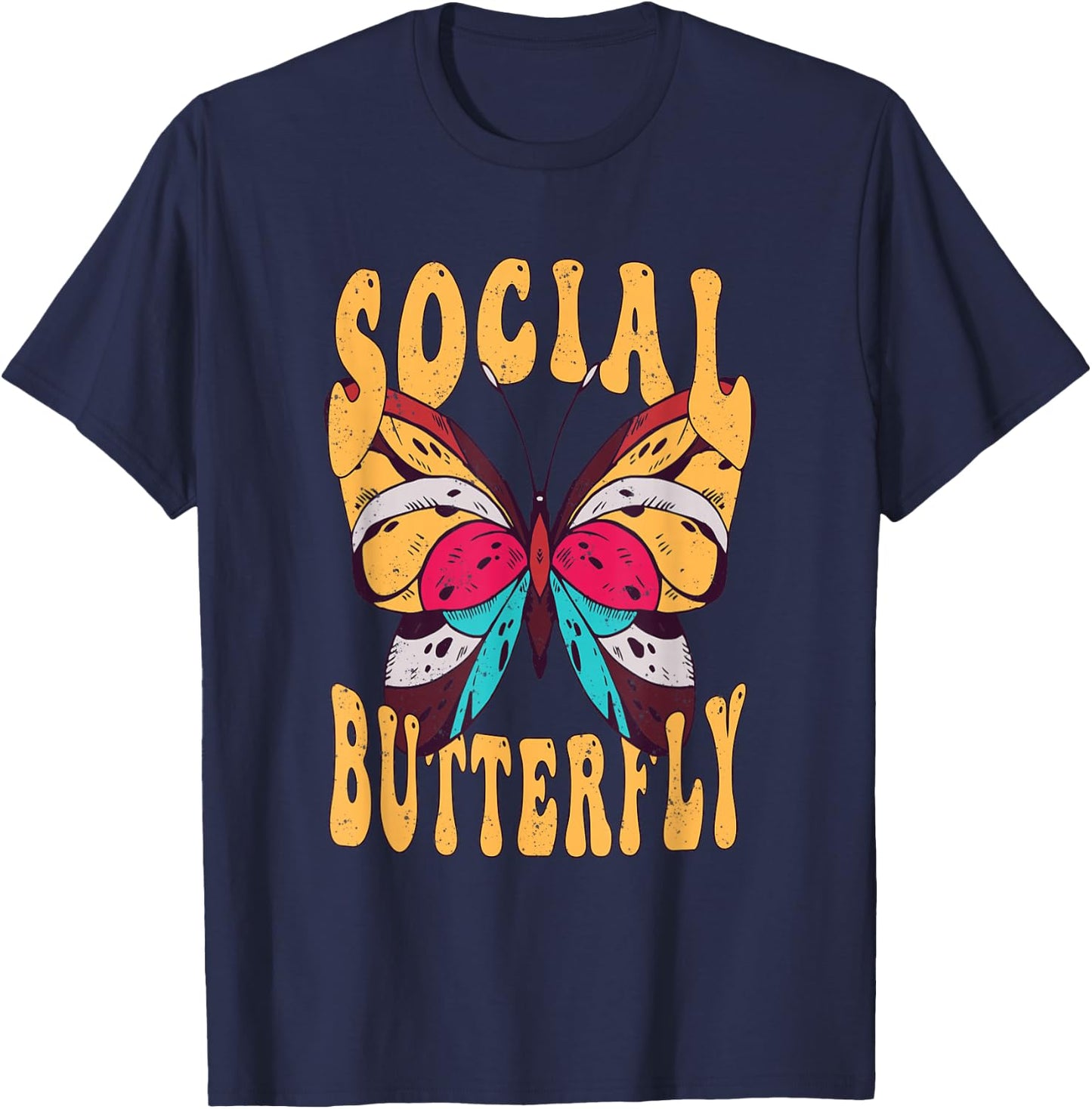 Retro Social Butterfly Bohemian T-Shirt - T-Shirt | Navy