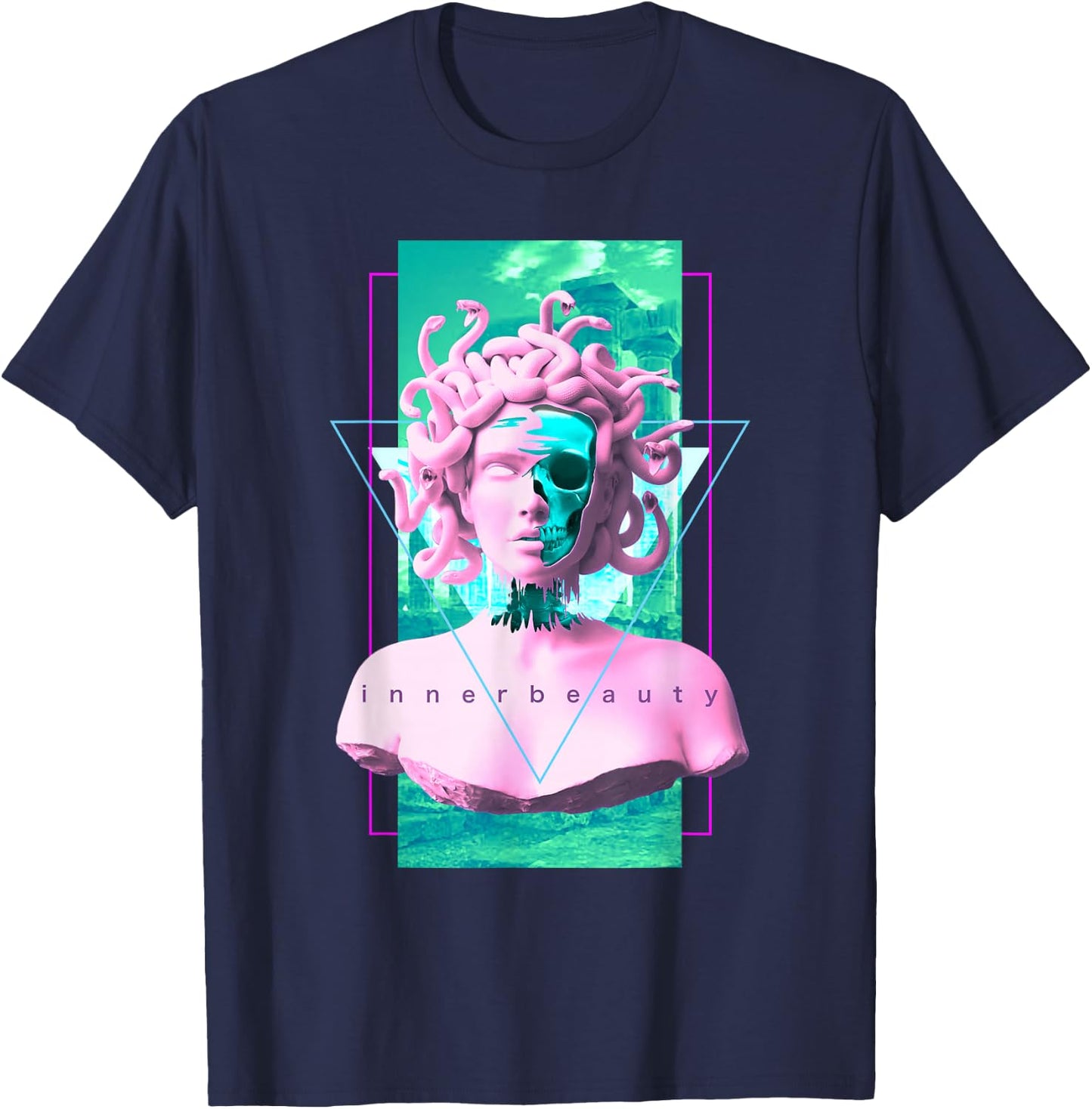 Vaporwave Medusa Skull Statue Aesthetic Art Retro T-Shirt - T-Shirt | Navy