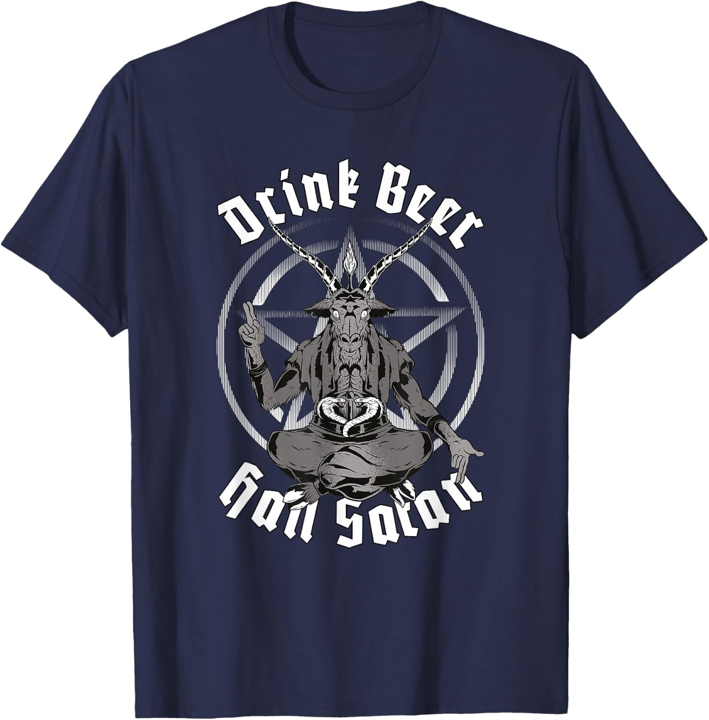 Baphomet Goat Pentagram Drink Beer Hail Satan Occultism T-Shirt - T-Shirt | Navy
