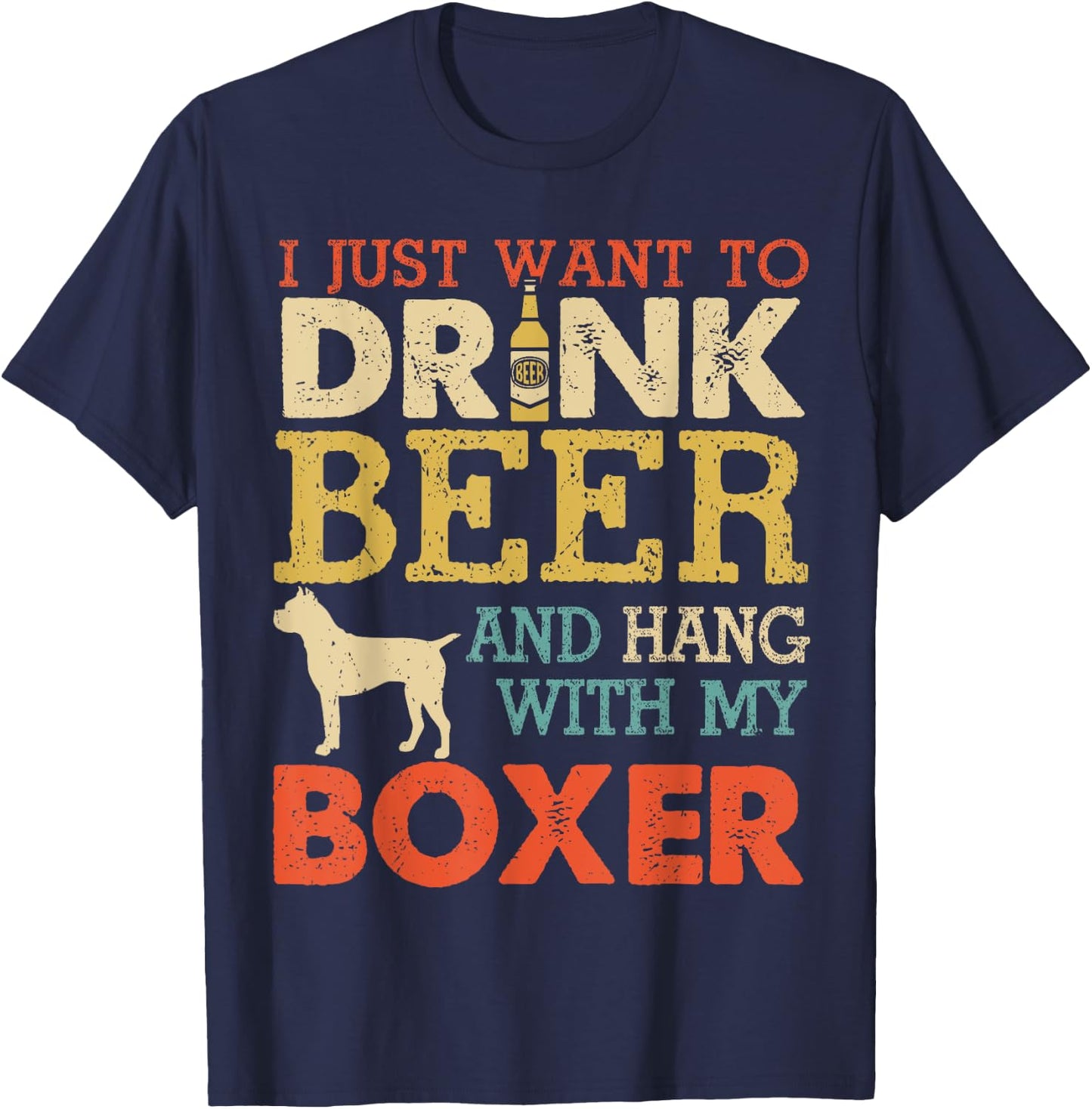 Boxer Dad Drink Beer Hang With Dog Funny Men Vintage T-Shirt - T-Shirt | Navy