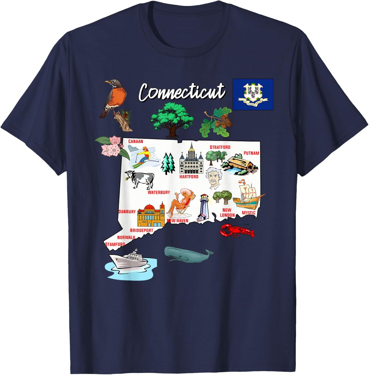 Illustrated map of Connecticut in the USA, cities T-Shirt - T-Shirt | Navy